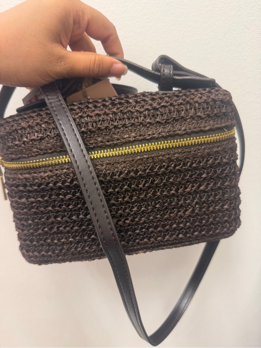 Brown Woven Crossbody Bag with Gold Zipper